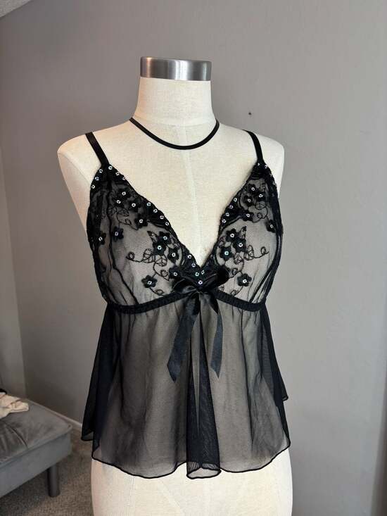 Tell Your Tale Other - Tell Your Tale Black Sheer Mesh Embroidered Sequin Babydoll Lingerie